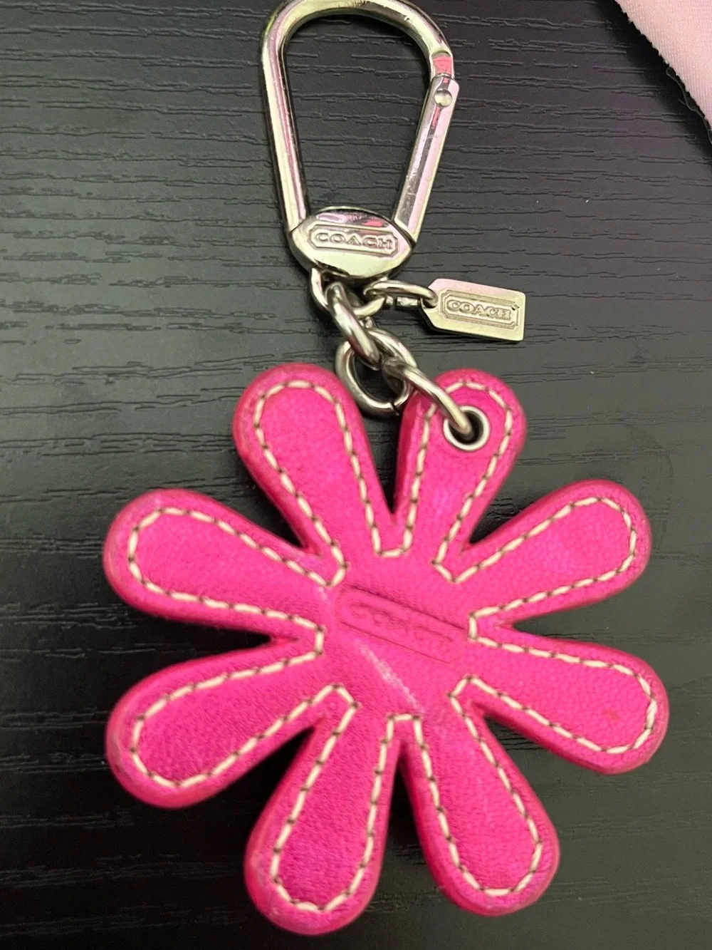 COACH Pink Metallic Leather Flower Keychain Charm with Crystal Embellishments
